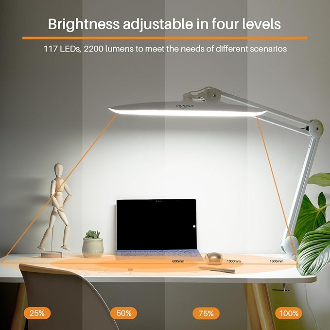 LED Desk Lamp with Clamp, Dimming Task Lamp for Reading Desktop Office Workbench Table Architect Sewing Study Home Craft, Bright 117PCS LEDs, 2200 Lumens 20 Inch Metal Swivel Arm Work Lamp