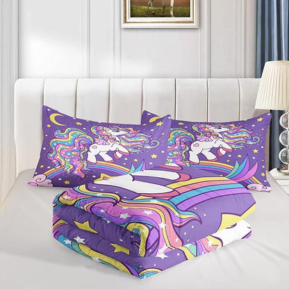 Unicorn Comforter Twin Size,Rainbow Unicorn Comforter Set for Kids Teens Girls,3Pcs Bedding Set Printed Comforter with 2 Pillowcases,Down Alternative,Soft and Lightweight(Purple，Twin Size)