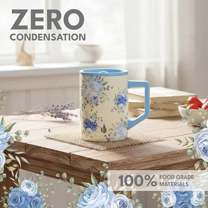 Elemental Insulated Coffee Mug - Triple-Wall Stainless Steel Summit Travel Cup for Hot and Cold Drinks - Thermal Coffee Mug with Lid and Handle for Camping, Office & Travel 16oz - Blue Blooms