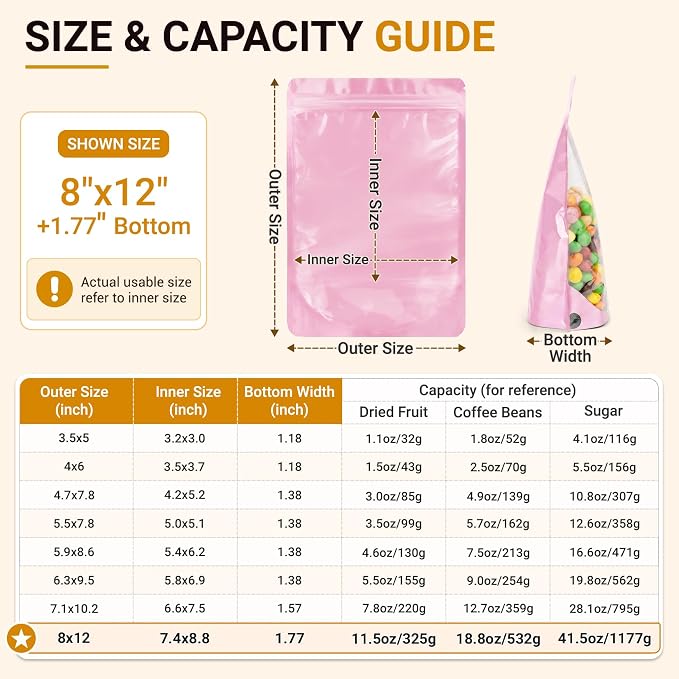 ANZNKU 100PCS Mylar Bags Resealable Large Smell Proof Bags(Pink, 8x12) | Stand Up Foil Pouches Clear Window, Sealable Bags for Small Business Packaging Snack Party Favors Candy Treats Food Storage