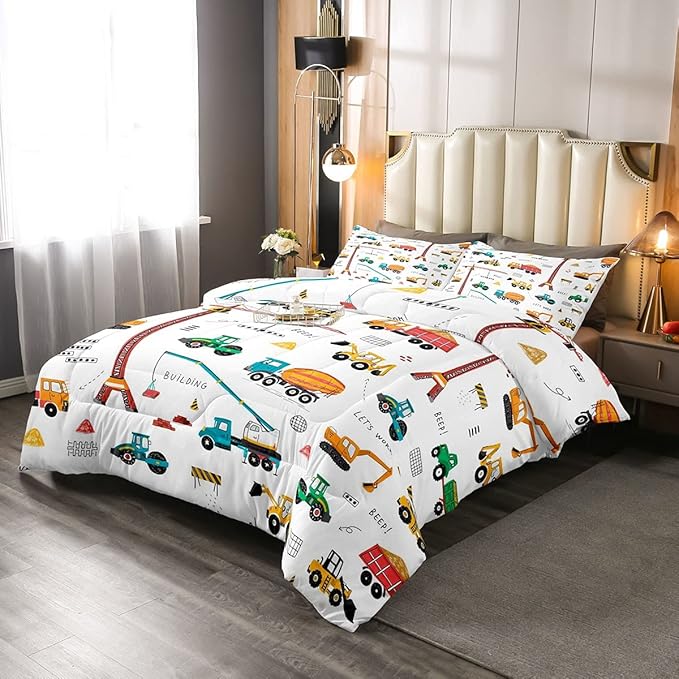 Feelyou Heavy Machinery Truck Bedding Set Tractor Crane Comforter Set for Kids Boys Girls Youth Construction Site Comforter Nursery Decor Quilt Set Room 3Pcs Queen Size