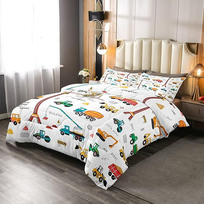 Feelyou Heavy Machinery Truck Bedding Set Tractor Crane Comforter Set for Kids Boys Girls Youth Construction Site Comforter Nursery Decor Quilt Set Room 3Pcs Queen Size