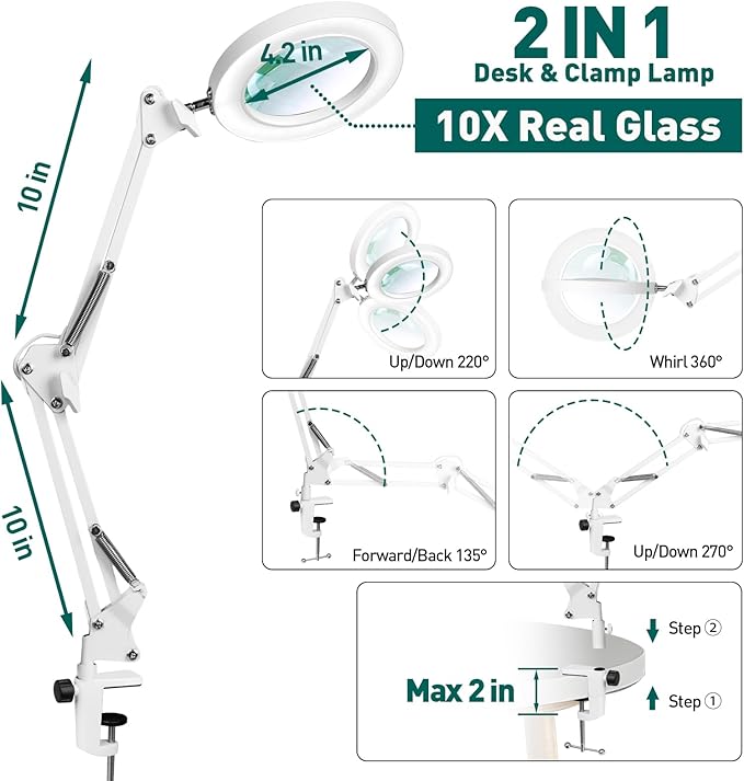 Magnifying Glass with Light and Clamp, 10X Real Glass Magnifier with Light, 3 Color Modes Stepless Dimmable Lighted Magnifying Glass, Magnifying Lamp for Repair Crafts Close Work- WHITE