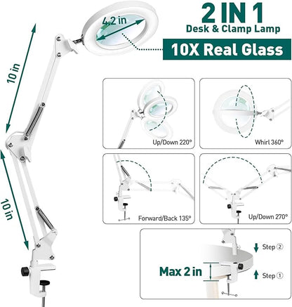 Magnifying Glass with Light and Clamp, 10X Real Glass Magnifier with Light, 3 Color Modes Stepless Dimmable Lighted Magnifying Glass, Magnifying Lamp for Repair Crafts Close Work- WHITE