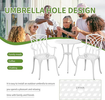 Patio Bistro Set 3 Piece with Umbrella Hole, Outdoor Bistro Table and Chairs Set of 2, Patio Bistro Set 3 Piece white, Cast Aluminum Furniture for Park Yard Front Porch