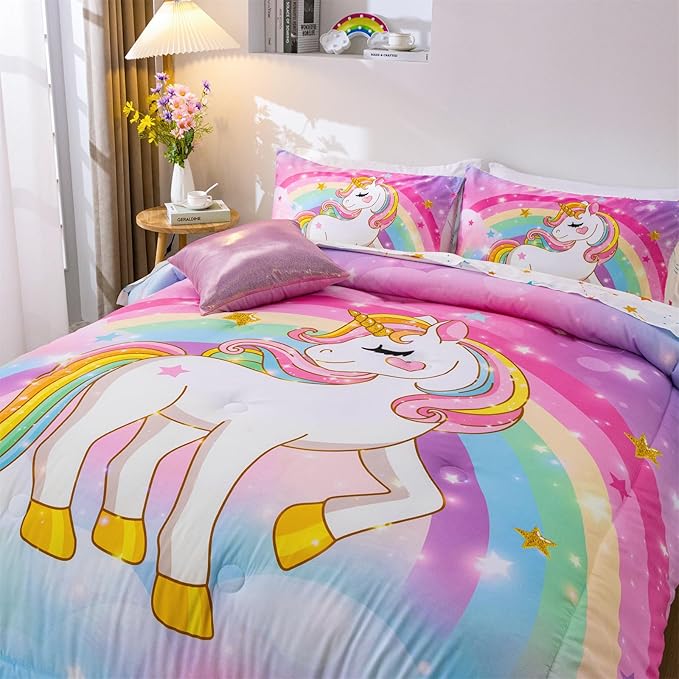 Aimuan Girls Unicorn Comforter Set 3 Pieces Pink Purple Bedding Set with Rainbow Star Galaxy Stars Fantasy Children Room Decor Soft Reversible Bed Sets for Boys/Girls/Teens (Rainbow Twin3Pcs)