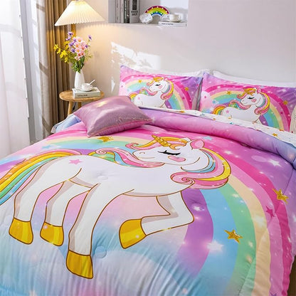 Aimuan Girls Unicorn Comforter Set 3 Pieces Pink Purple Bedding Set with Rainbow Star Galaxy Stars Fantasy Children Room Decor Soft Reversible Bed Sets for Boys/Girls/Teens (Rainbow Twin3Pcs)