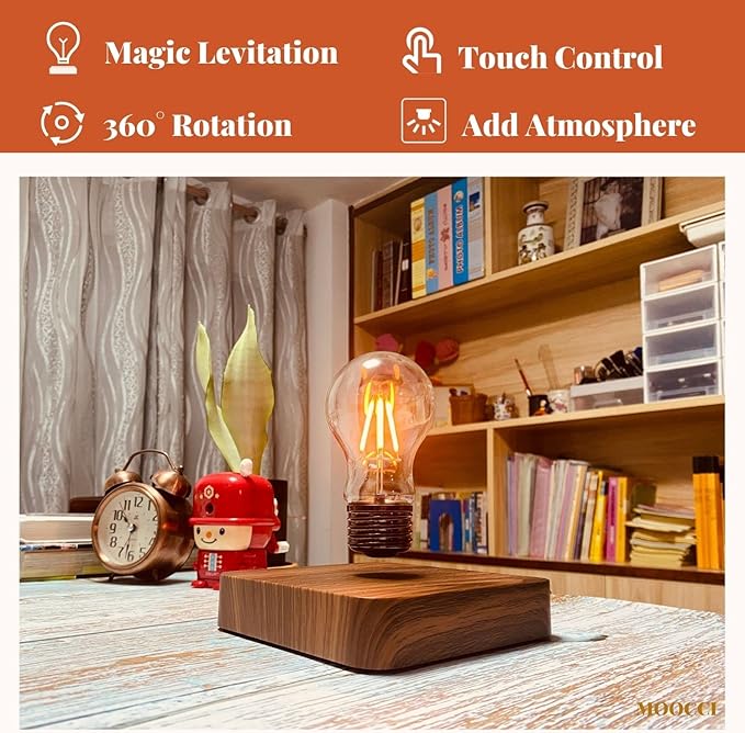 Levitating Bulb Lamp Magnetic Floating Light Desk Lamp Night Light, 360 Degree Wireless Automatic Rotating Light for Gifts Home Office Decor Desk Tech Toys (Square-Dark Brown Base)