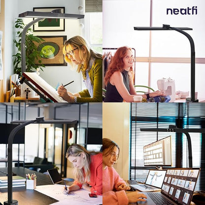 Neatfi LED Desk Lamp with 6-Level Brightness, Adjustable 2700~6500K Color Temperature, 14” Wide, Timer & Charging Port - Touch & Knob Control, 800 Lumens, Dimmable LED Table Light, 24W, CRI 85 (Black)