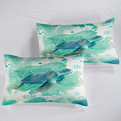 CVHOUSE Sea Turtle Bedding Set,Sea Turtle Comforter Queen,Ocean Bohemia Comforter Set for Boys Kids Girls,Ocean Quilt Set with 1 Comforter and 2 Pillow Cases