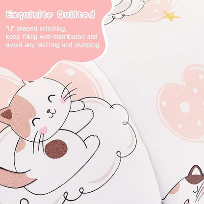 Cat Kids Comforter Set for Girls Full Size, Cute Quilted Pink Heart Printed Bedding Set with Pillow Sham, Lightweight Soft Breathable Machine Washable Bed Set 3 Piece