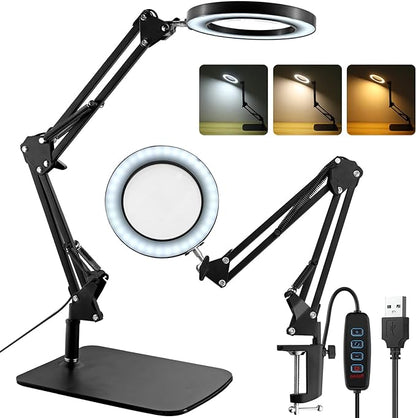 8X Magnifying Glass with Light and Stand, 2-in-1 Lighted Magnifier with Clamp,3 Color Modes Dimmable 10 Brightness Levels LED Desk Magnifying Lamp Hands Free for Crafts Hobby Reading Close Work