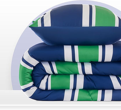 SLEEP ZONE Jersey Knit 3 Pieces Kids Comforter Set, Navy Gree Rugby Stripe Design for Boys and Teens. Durable, Breathable and Easy Care, All Season Use (Rugby Stripe Navy/Green, Full/Queen)