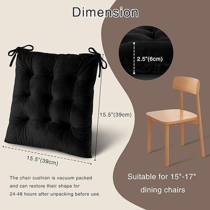 OVOV Chair Cushions for Dining Chairs Set of 6 Tufted Indoor Chair Pads with Ties Soft Square Seat Cushions for Kitchen Chairs 15.5"x15.5",Black