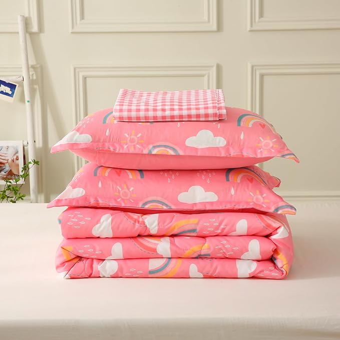 Twin Rainbow Comforter Set for Kids Girls Teens 7 Piece Pink Cloud Sun Pink Bed in a Bag 3D Cute Cartoon Love Hearts Bedding Set