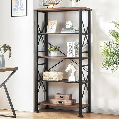 HOMBAZAAR Bookshelf, 5-Tier Industrial Bookshelf, Etagere Bookcases and Bookshelves, Tall Bookshelf Storage Organizer, Freestanding Bookshelf for Living Room, Bedroom and Home Office, Brown