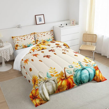 Fall Pumpkin Bedding Set For Home Full Thanksgiving Harvest Season Fruit Decor Comforter Set Autumn Fall Maple Leaf Quilt Comforter for Kids Teen Adults,Rustic Farm Sunflower Bed Sets 2 Pillow Cases