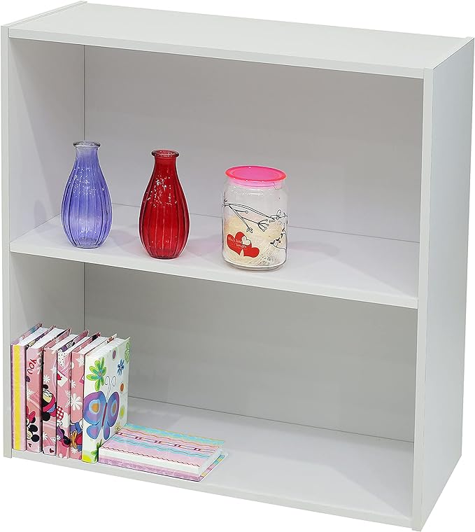 KB Designs 2 Tier Open Shelf Bookcase Storage Organizer, White Wood, Contemporary.