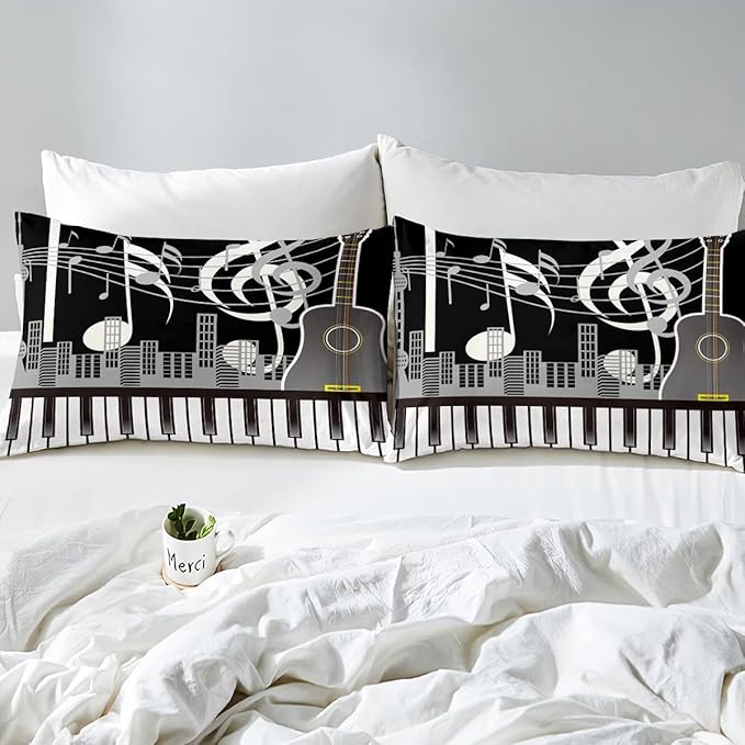 Erosebridal Paino Keys Bedding Set Queen Size Musical Notes Comforter Set Guitar Rock Music Bedding Comforter for Kids Boys Teens Men Retro Black White Grey Down Comforter Bedroom Decor 3 Piece