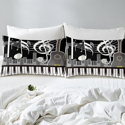 Erosebridal Paino Keys Bedding Set Queen Size Musical Notes Comforter Set Guitar Rock Music Bedding Comforter for Kids Boys Teens Men Retro Black White Grey Down Comforter Bedroom Decor 3 Piece
