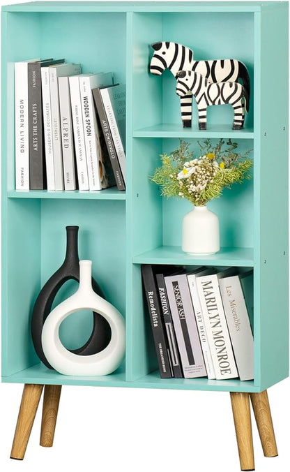 LEYAOYAO 5 Cube Bookshelf 3-Tier Bookcase with Legs,Mint Green Kids Book Shelf Cute Storage Organizer,Free Standing Open Toy Shelves Wood Bookshelves,Display Bookcases for Bedroom,Living Room,Nursery
