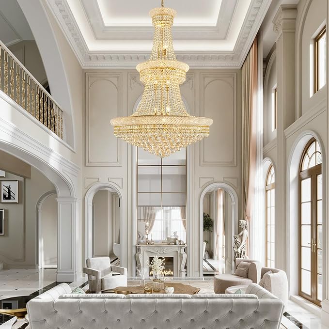 19-Lights High Ceiling Chandelier Modern Gold Crystal Chandeliers Large Foyer Chandelier Fixtures for Staircase Living Room Hallway Entryway (H47 x W31.5)