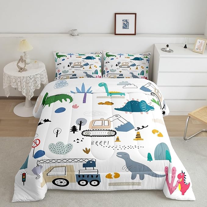 Erosebridal Construction Comforter Set Twin, Cute Dino Excavator Bedding for Kids Boys Girls, Cartoon Car Trucks Crane Equipment Bedding Comforter Sets, Green Blue Dinosaur Vehicles Duvet Insert