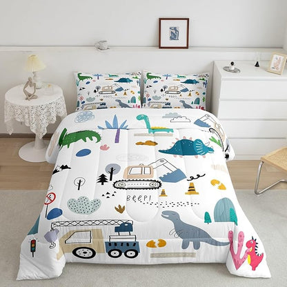 Erosebridal Construction Comforter Set Twin, Cute Dino Excavator Bedding for Kids Boys Girls, Cartoon Car Trucks Crane Equipment Bedding Comforter Sets, Green Blue Dinosaur Vehicles Duvet Insert