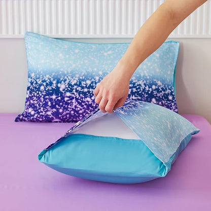 PERFEMET 6Pcs Full Size Comforter Sets for Girls Blue Purple Ombre Rainbow Kids Bedding Set Colorful Tie Dye Glitter Teen Girls Bedroom Decor Bed in A Bag