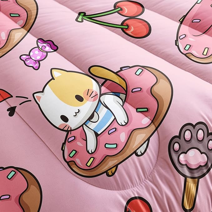 Kawaii Cat Comforter Queen Size,Doughnut Cherry Cat Comforter Set for Kids Teens Girls,3Pcs Bedding Set Printed Comforter with 2 Pillowcases,Soft and Lightweight(Pink，Queen Size)