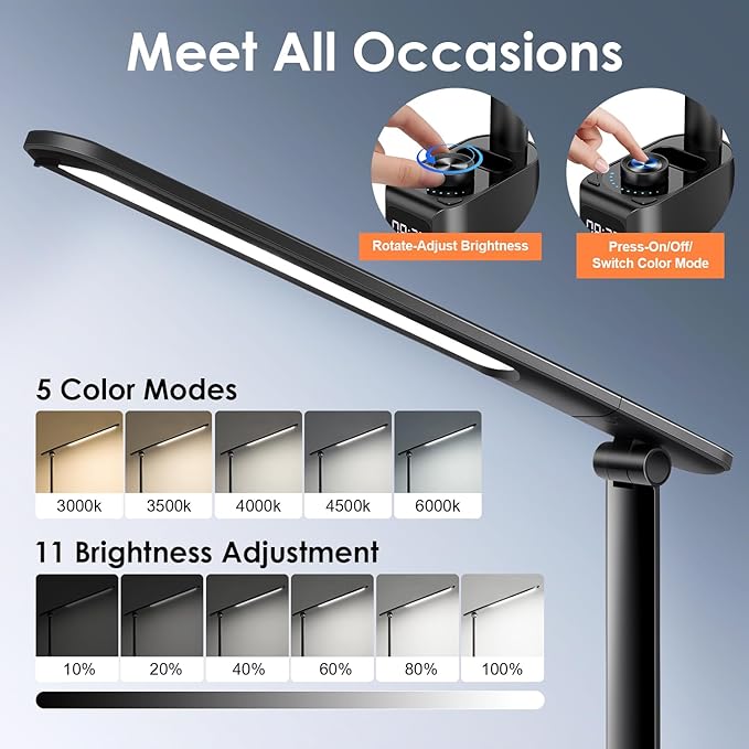Desk Lamp for College Dorm Room,55 Lighting Modes Dorm Lamp for Dorm Desk Lamp,700 Lumen LED Desk Lamp with USB Charging Port,Desk Light with Clock+Pen Holder,Desk Lamps for Home Office Lamp for Desk