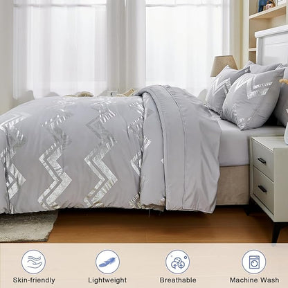 Wowelife 7 Pieces Silver Grey Comforter Set Queen Size Glitter Foil Gray Bedding Set Full Kids Bedroom Comforter Sets with Comforter, Flat Sheet, Fitted Sheet, 2 Pillowcases and 2 Pillow Shams
