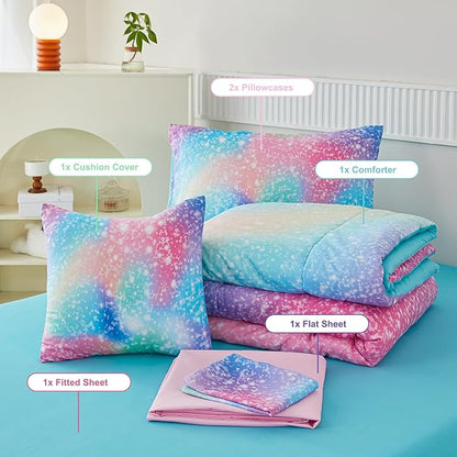 PERFEMET Full Size Comforter Sets for Kids Girls 6 Pieces Pink Green Ombre Rainbow Bedding Set Colorful Tie Dye Glitter Teen Girls Bed in A Bag