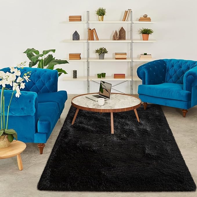 Super Soft Fluffy Shaggy Rugs 5x8 Feet for Living Room Bedroom, Fuzzy Plush Area Rugs for Girls Kids Room Nursery Home Decor, Furry Dorm Rug Cute Non-Slip Indoor Floor Carpet, Black