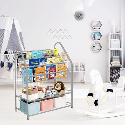 aboxoo Metal Kids Bookshelf Grey Bookcase LargeFreestanding for Children Room 32 in Toy Organizer Large Stable Bookcase Bookstore Library Book Unit Storage Kids Bed Living Room