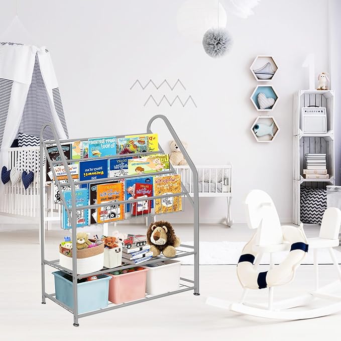aboxoo Metal Kids Bookshelf Grey Toy Chests & Organizers Large Freestanding for Children Toy Chests & OrganizersRoom 25 in Toy Organizer Large Stable Bookcase Bookstore Library Bed Living Room