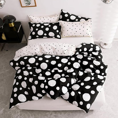 Queen Bedding Set, 3Pcs Comforter Set with Polka Dots Print, Reversible Gingham, Black White Dots, Soft for Hot Sleeper, Machine Washable, Ideal for All Ages & Genders