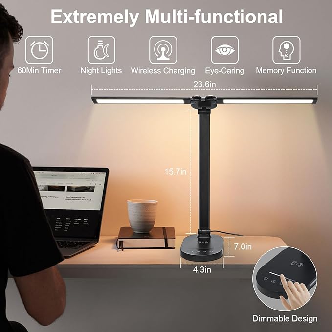 Lightess LED Desk Lamp with Wireless Charger, USB Charging Port, Adjustable Foldable Dual Swing Arm Desk Light Dimmable Eye-Caring Desk Lamp, Touch Control, Home Office Desk Lights for Work Study