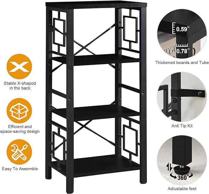 Bookshelf, Vintage Industrial 4 Tier Bookshelf, Freestanding Narrow Bookcase with Rustic Wood and Metal, Small Bookshelf for Home Office, Bedroom & Living Room, Black