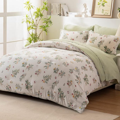 EMME Botanical Sage Green Comforter Set King Size 7 Pieces＿Brushed Microfiber Bed in a Bag for Girls, Ultra Soft Bedding Set with Sheets (Sage Green, King (7 Piece), Adult