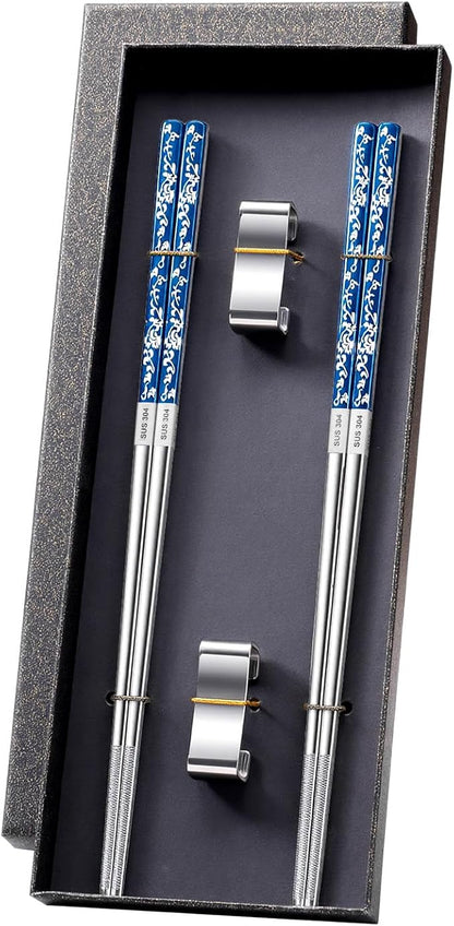 JEETEE Metal Chopsticks, 2 Pairs Stainless Steel with Holder | Titanium Coated, Anti-Slip Design, Reusable,Dishwasher Safe, for Sushi, for Ramen, for Camping, for Party