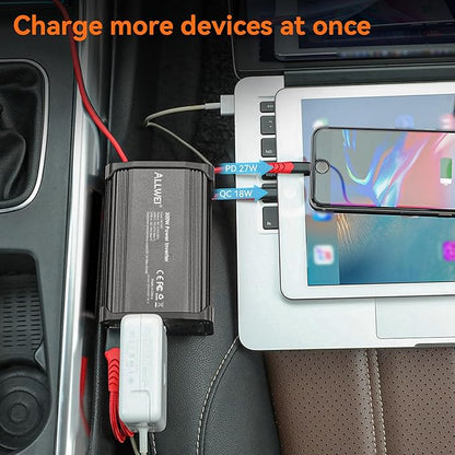 ALLWEI 300W Power Inverter 12V DC to 110V AC Car Plug Adapter Outlet Converter with 27W PD USB-C &18W USB-A Fast Charger, Car Cigarette Lighter Adapter for Laptop Tablets Phones - Portable - Black