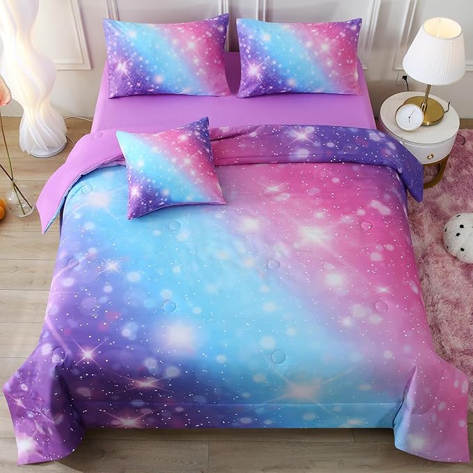JQinHome Glitter Bedding Set Full Size,6 Piece Bed in A Bag 3D Colorful Rainbow Galaxy Comforter Set for Girls Kids-All Season Microfiber Tie-Dye Bedding Sets(Blue Purple)