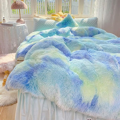 Faux Fur Kids Girls Green Rainbow Comforter Sets Queen - 3PC Bed Set Warm Comfortable Soft Plush Flannel Velvet Fluffy Fuzzy Bedding（Comforter x 1 Pillowcases x 2）