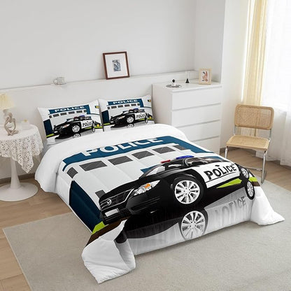 Children Police Car Comforter Set, 3D Car Pattern Down Comforter Full Size for Kids Boys Girls Teens Bedroom, Cartoon Automobile Quilted Duvet, Decorative 3 Piece Bedding Set with 2 Pillow Cases