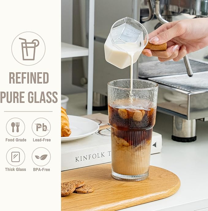 SoulTimes 20oz Wave Ribbed Glass Tumbler with Lid and Straw – Iced Coffee Glasses Cups for Smoothie, Matcha, Juice, Water etc. Leakproof and Reusable Glassware Drinking for Daily & Travel To Go [6Pcs]