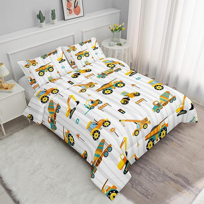 Axolotl Yellow Excavator Comforter Set Twin Size,Cartoon Excavator Bedding Set,Kids Machinery Truck Comforte Set,White Stripe Bedding Vehicle Car Decor for Kids Boys Teens,1 Quilt 2 Pillowcases