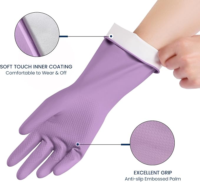 Rubber Cleaning Gloves for Dishwashing, 4 Pairs Reusable Kitchen Gloves for Washing Dishes and Household Cleaning, Purple Dish Gloves with Flocked Lining and Non-Slip Grip, Pefect for Woman Men - M