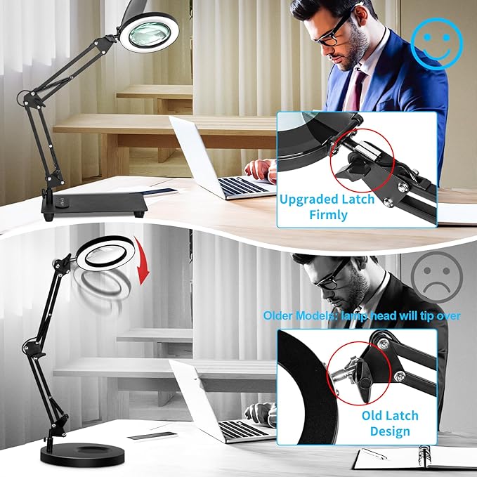 HITTI 10X Magnifying Glass with Light and Stand, Upgrade Base Button, 3 Color Modes Stepless Dimmable Magnifying Lamp, Adjustable Swing Arm LED Lighted Magnifier for Crafts Soldering Hobby