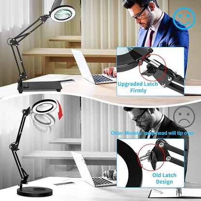 HITTI 10X Magnifying Glass with Light and Stand, Upgrade Base Button, 3 Color Modes Stepless Dimmable Magnifying Lamp, Adjustable Swing Arm LED Lighted Magnifier for Crafts Soldering Hobby